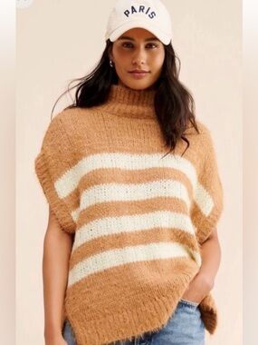 Pilcro (Anthropology) mohair style Striped Turtleneck Sweater - Camel & Cream